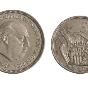 Spain 5 Pesetas Francisco Franco 1957 Coin Used