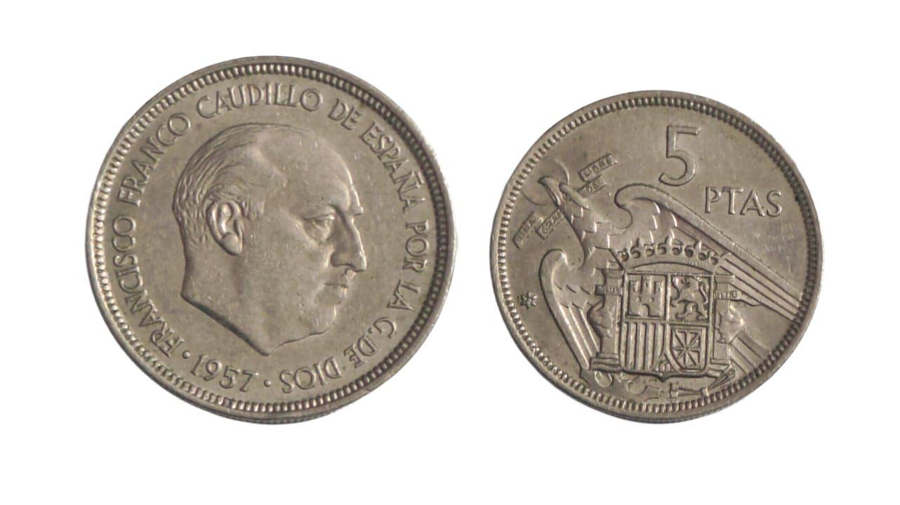 Spain 5 Pesetas Francisco Franco 1957 Coin Used