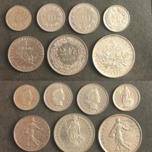 Switzerland Coin Collection Set 5, 10, 20 Rappen, 1/2, 1, 2 and 5 Francs Mixed Years and Designs 7 Used Coin