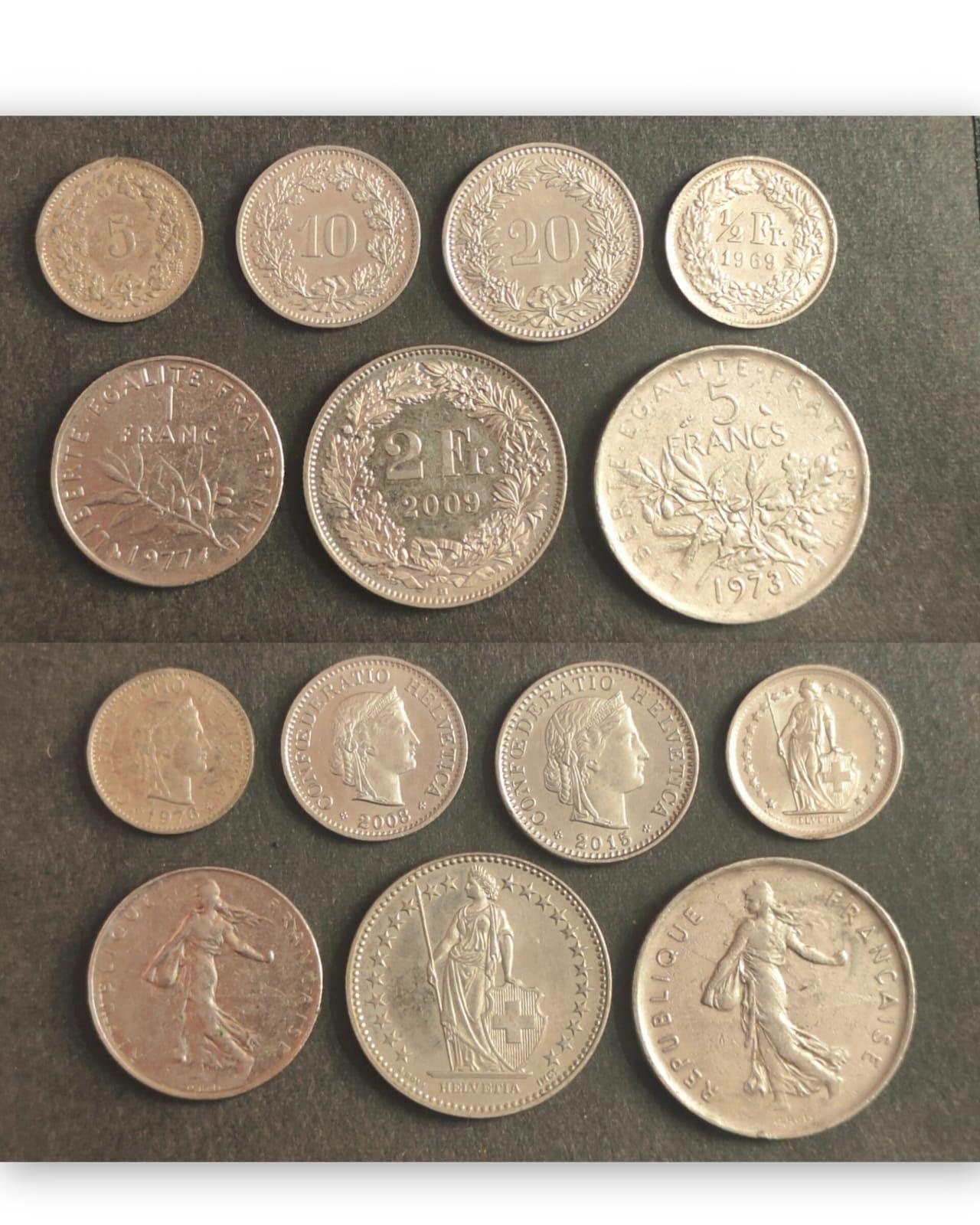 Switzerland Coin Collection Set 5, 10, 20 Rappen, 1/2, 1, 2 and 5 Francs Mixed Years and Designs 7 Used Coin
