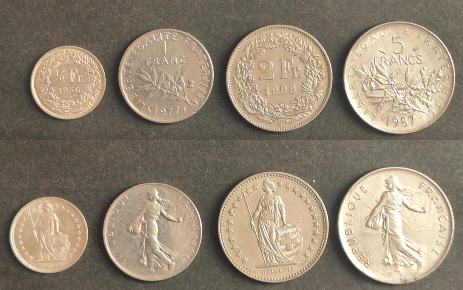 Switzerland Coin Set 1/2, 1, 2 and 5 Francs Mixed Years Helvetia Designs Used Condition 4 Coins