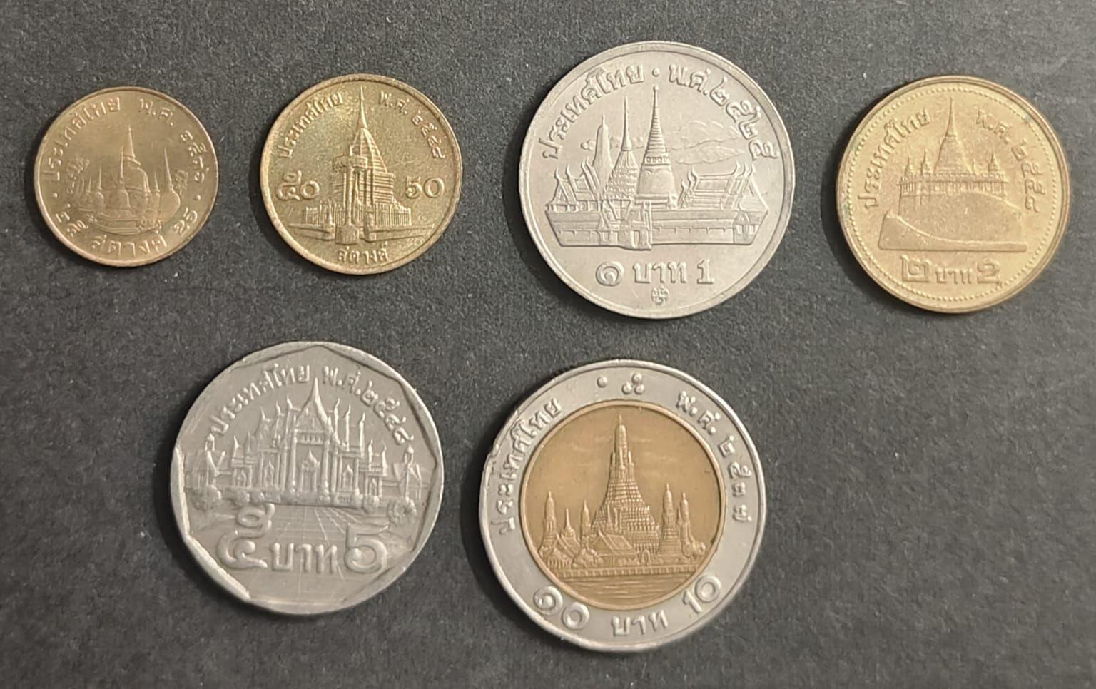 Thailand Coin Set of 6 - 25 and 50 Satang, 1, 2, 5, 10 Baht Buddhist Temple Architecture Mixed Years Used condition