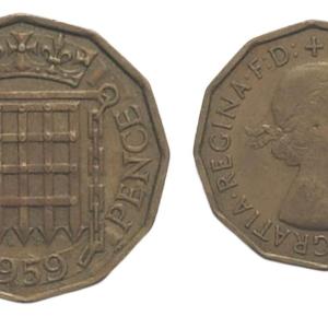 United Kingdom 3 pence coin 1959 Queen Elizabeth II Used