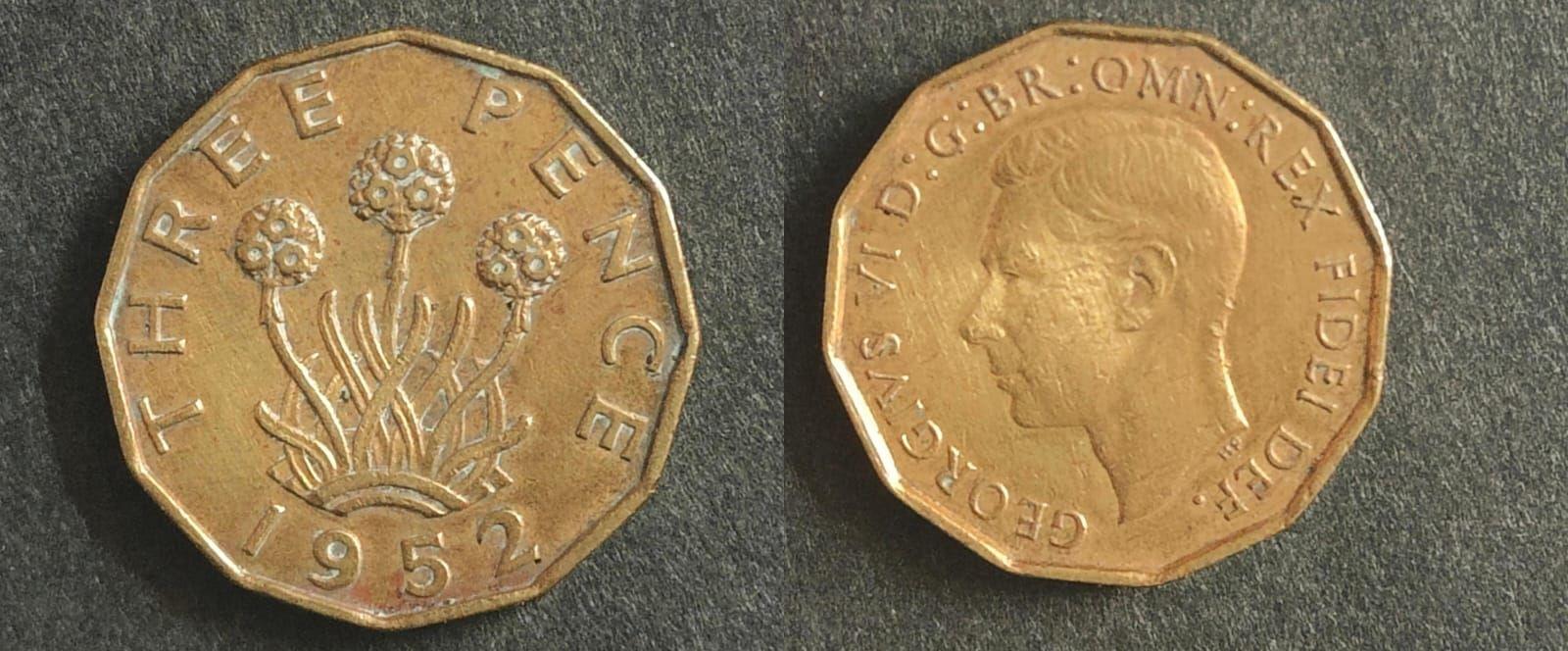United Kingdom 3 pence coin 1952 King George VI Used