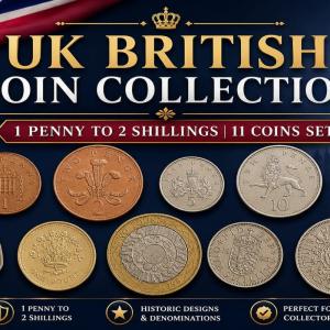 United Kingdom British Coin Collection PRE-DECIMAL and DECIMAL BRITISH COINS | "1 PENNY TO GBP 2 + VINTAGE SHILLINGS | 11 COIN SET"(no specific year guarantee)