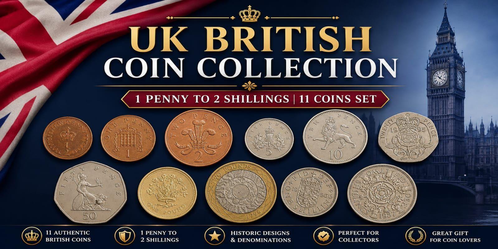 United Kingdom British Coin Collection PRE-DECIMAL and DECIMAL BRITISH COINS | "1 PENNY TO GBP 2 + VINTAGE SHILLINGS | 11 COIN SET"(no specific year guarantee)
