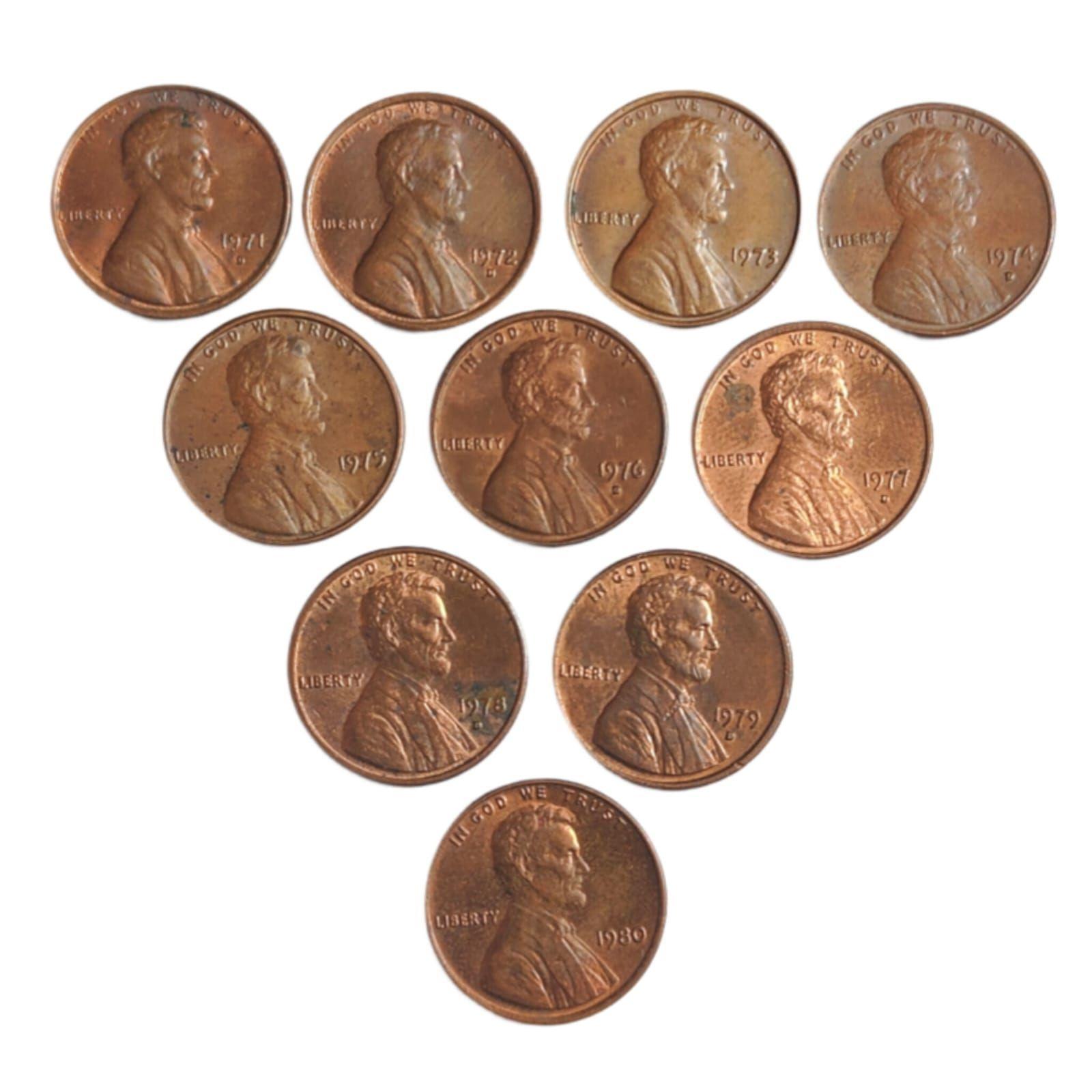 United States - 1 Cent 1971-1980 Year Wise Set of 10 Coins Used