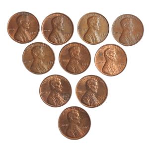 United States - 1 Cent 1971-1980 Year Wise Set of 10 Coins Used