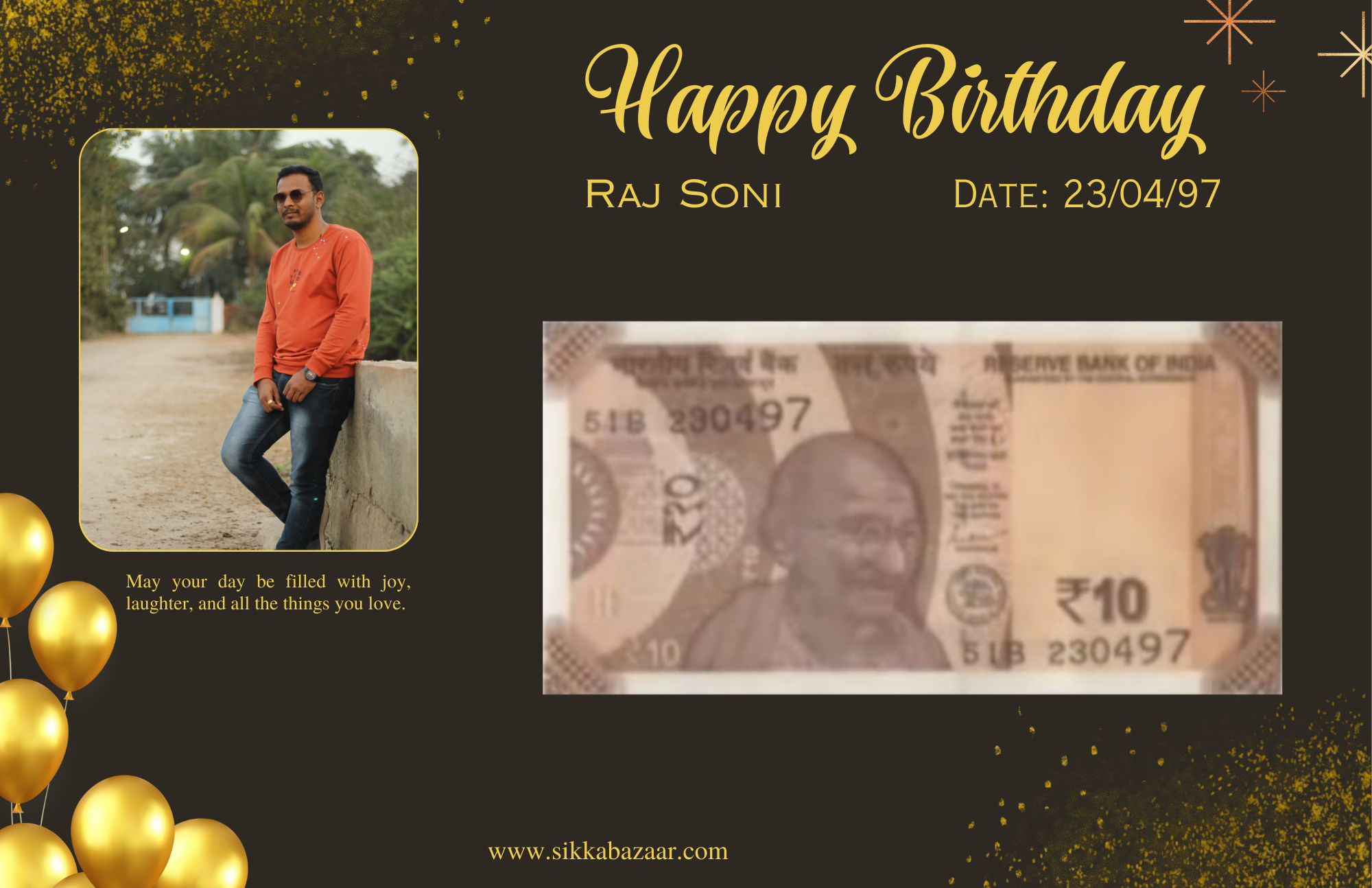 10 Rupees Currency Note with your birth-date and photo in a card packing
