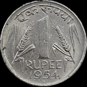 Rare 1 Rs 1954 Gem UNC Bombay Mint Coin