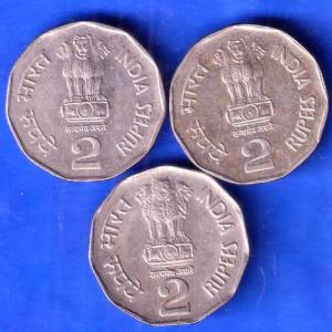 SET OF 3 : REPUBLIC INDIA 1995 1997 different mint TWO RUPPE COINS ANH2351