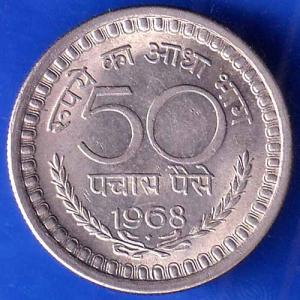 Republic India 1968 50 Paise BOMBAY MINT Coin ANH2701