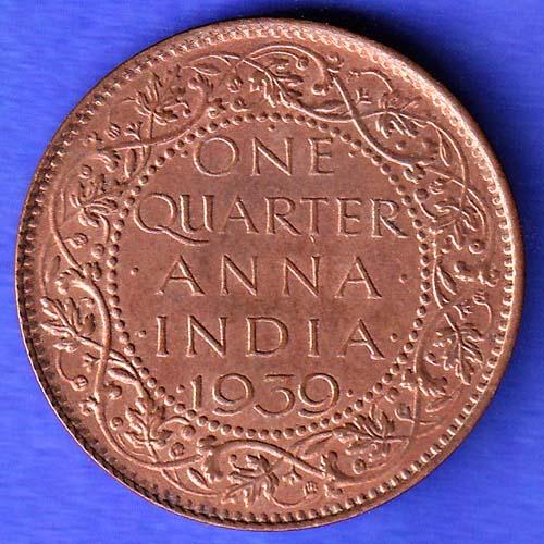 BRITISH INDIA 1939 GORGE VI KING ONE QUARTER ANNA COPPER COIN HSK751