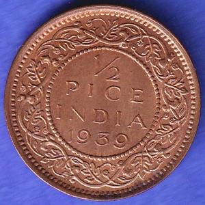 BRITISH INDIA 1939 GORGE VI KING 1/2 PICE BOMBAY MINT RARE COIN SK620