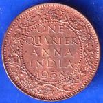 British India 1938 George VI King One Quarter Anna Copper Coin ANH2063