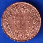 BRITISH INDIA 1939 GORGE VI KING ONE QUARTER ANNA COPPER COIN ANH2264