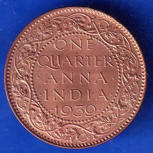 BRITISH INDIA 1939 GORGE VI KING ONE QUARTER ANNA COPPER COIN ANH2264