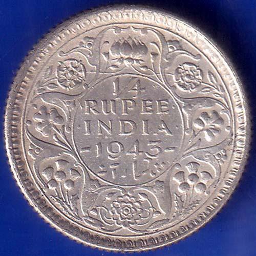 British India 1943 George Vi King Quarter Rupee Coin ANH616