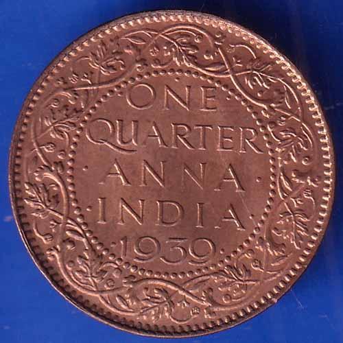 BRITISH INDIA 1939 GORGE VI KING ONE QUARTER ANNA COPPER COIN ANH1965