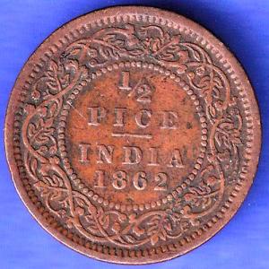 BRITISH INDIA 1862 VICTORIA QUEEN 1/2 PICE COPEPR COIN SK270