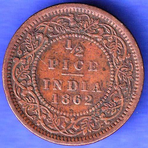BRITISH INDIA 1862 VICTORIA QUEEN 1/2 PICE COPEPR COIN SK270