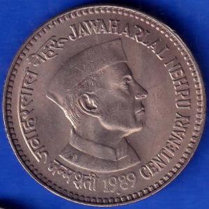 Republic India 1989 Jawaharlal Nehru Centenary 5 Rupee Coin ANH264