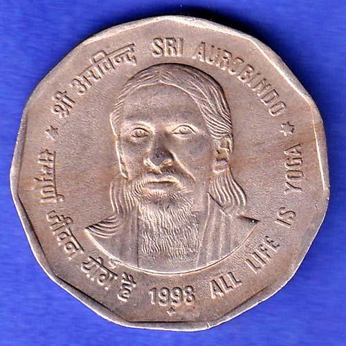 Republic India 1998 All Life Is Yoga SRI Aurobindo 2 Rupee Bomaby MINT Coin HSK813