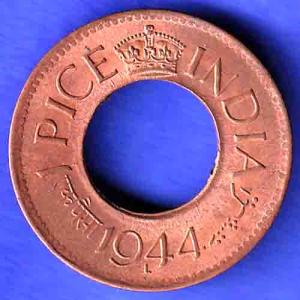 British India 1944 Lahor mint One Pice copper coin HSK570
