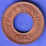 British India 1943 George Vi King One Pice Coin SK795