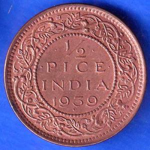 British India 1939 George VI King Emperor Half Pice Coin ANH2065