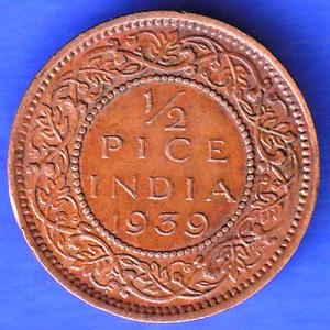 BRITISH INDIA 1939 GORGE VI KING 1/2 PICE BOMBAY MINT RARE COIN ANH3216