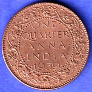 BRITISH INDIA 1939 GORGE VI KING ONE QUARTER ANNA COPPER COIN SK175