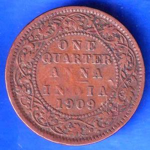 British India 1909 EDWARD VII ONE QUARTER ANNA Copper Coin ANH2615