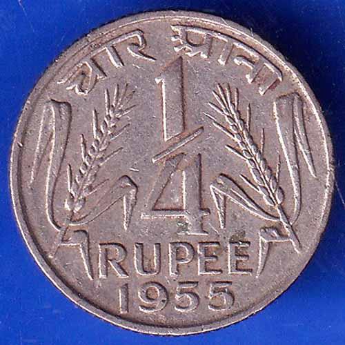 Government Of India 1955 Quarter Rupee Hyderabad Mint Coin ANH2067