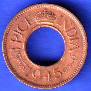 British India 1945 Lahore Mint George VI King 1 Pice Copper Coin HSK373