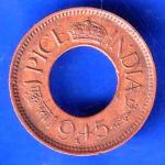 British India 1945 Lahore Mint George VI King 1 Pice Copper Coin ANH3150