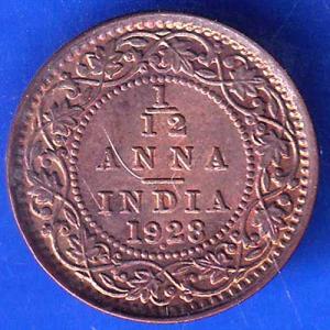 British India 1928 George V King 1/12 Anna Copper Coin ANH2666