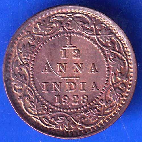 British India 1928 George V King 1/12 Anna Copper Coin ANH2666
