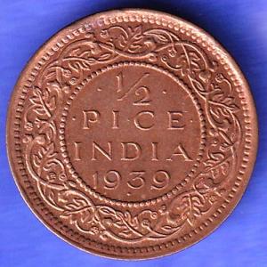 BRITISH INDIA 1939 GORGE VI KING 1/2 PICE BOMBAY MINT RARE COIN SK220