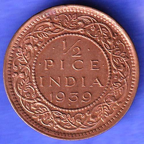 BRITISH INDIA 1939 GORGE VI KING 1/2 PICE BOMBAY MINT RARE COIN SK220