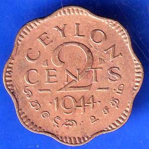 BRITISH INDIA 1944 GEORGE VI KING AND EMPEROR OF INDIA 2 CENTS CEYLON ANH2617