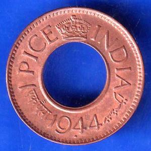 British India 1944 George VI King BOMBAY MINT 1 Pice Copper Coin ANH2819