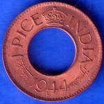 British India 1944 Lahore Mint George VI King 1 Pice Copper Coin ANH270
