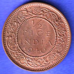 BRITISH INDIA 1940 1/2 PICE GEORGE VI COPPER COIN HSK674