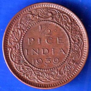 British India 1939  BOMBAY MINT George Vi King Emperor Half Pice Coin ANH1821
