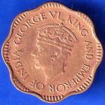 BRITISH INDIA 1944 GEORGE VI KING AND EMPEROR OF INDIA 2 CENTS CEYLON ANH2617