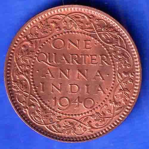 British India 1940 George VI King One Quarter Anna Copper Coin SK875