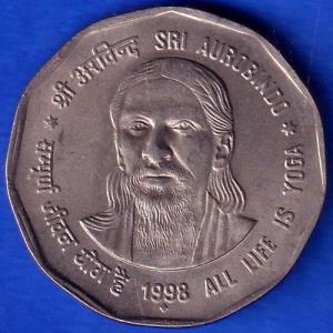 UNC Republic India  SRI AUROBINDO ALL LIFE IS YOGA 1998 Bombay Mint 2 Rupee ANH28