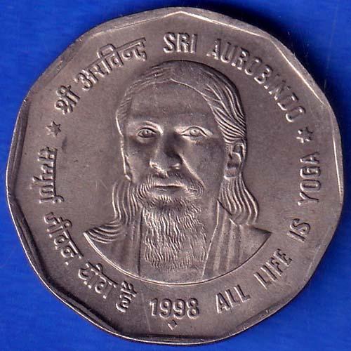 UNC Republic India  SRI AUROBINDO ALL LIFE IS YOGA 1998 Bombay Mint 2 Rupee ANH28