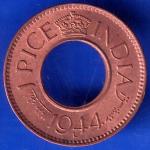 British India 1944 Lahore Mint George VI King 1 Pice Copper Coin ANH521